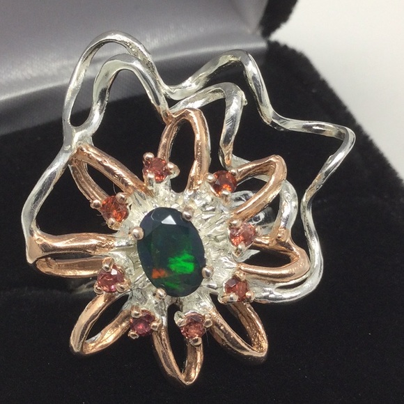 Spectacular Genuine Black Opal & Garnet Ring